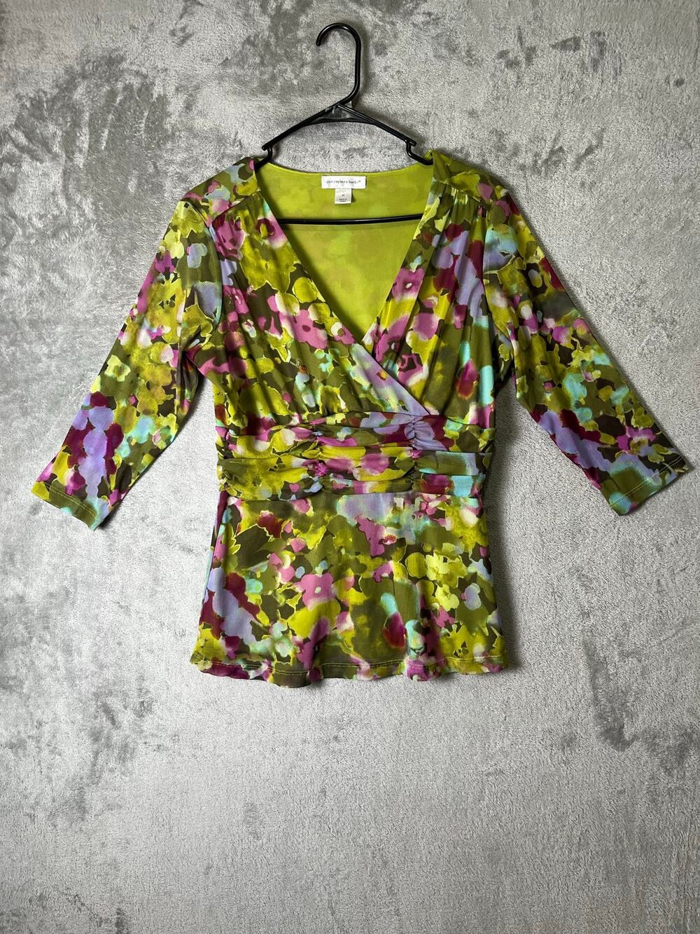 Vintage Watercolor Floral Surplice Empire Waist Boho Romantic Top Women's Medium